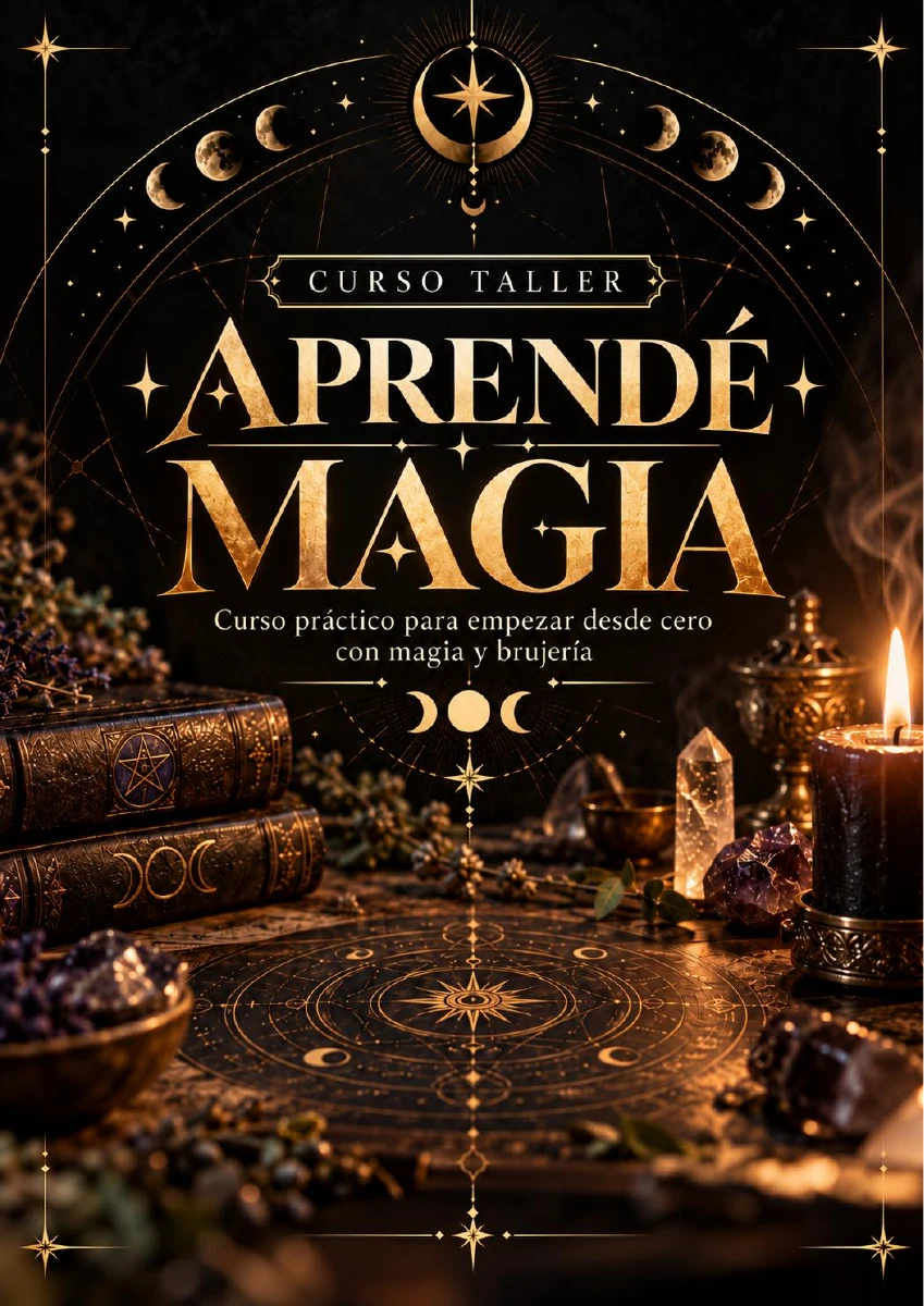 Arte del taller Aprendé magia: libros, velas, cristales y símbolos sobre un altar